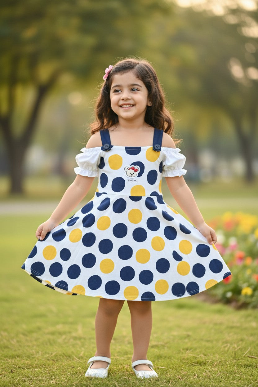 Doreme Girls Bear Patch Polka Dot Dress Blue Berry - 20566