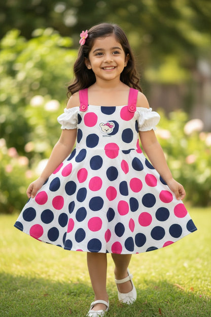 Doreme Girls Bear Patch Polka Dot Dress Pink - 20566