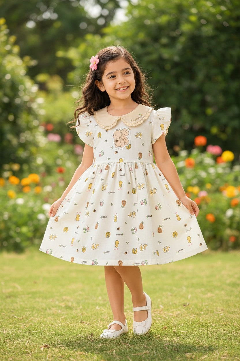 Doreme Girls Squirrel Print Peter Pan Dress Beige - 20568