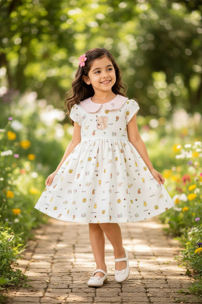 Doreme Girls Squirrel Print Peter Pan Dress Pink - 20568