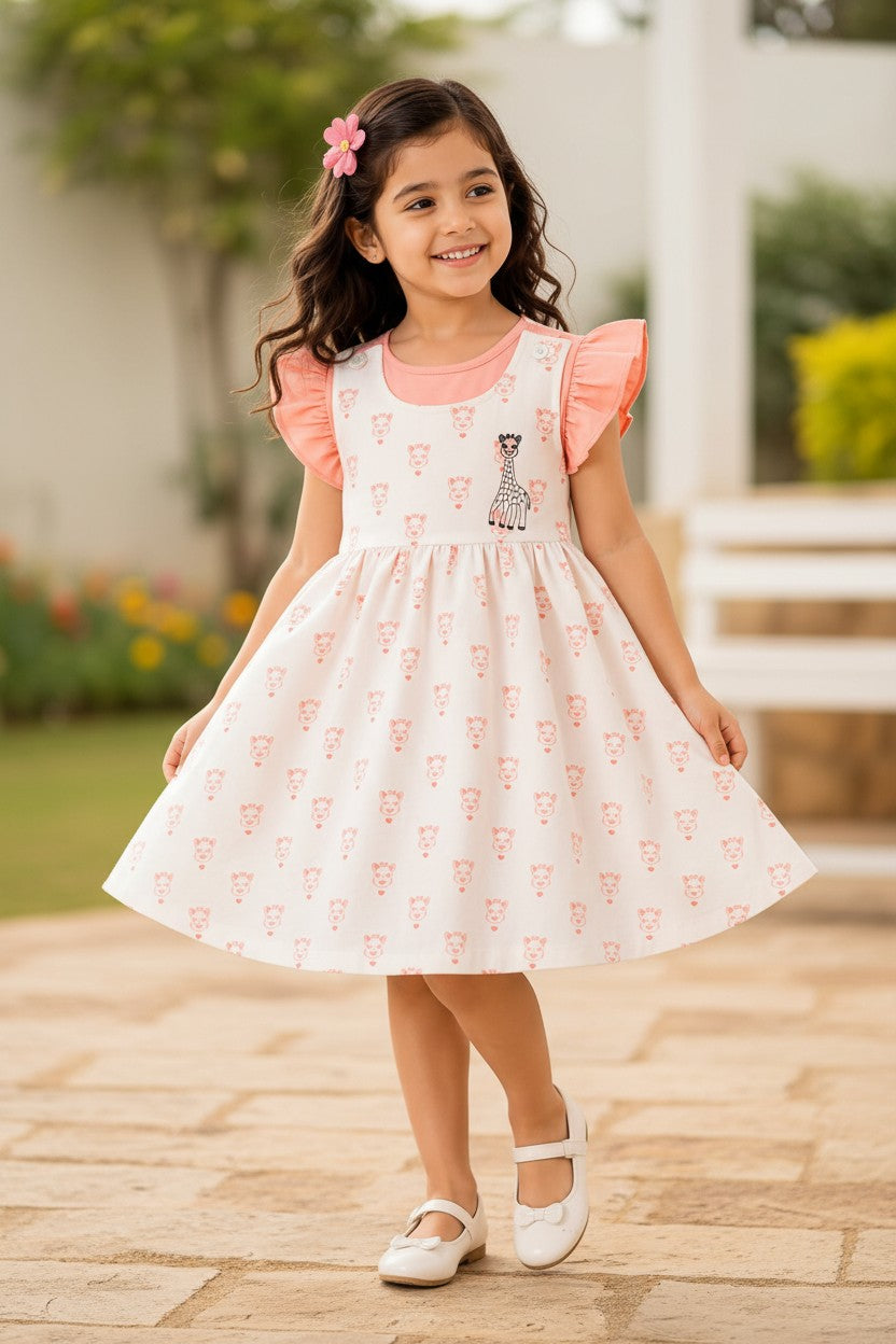 Doreme Girls Giraffe Print Combined A-Line Dress Peach - 20601