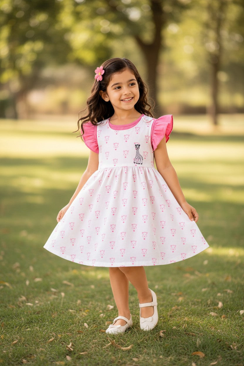 Doreme Girls Giraffe Print Combined A-Line Dress Pink - 20601