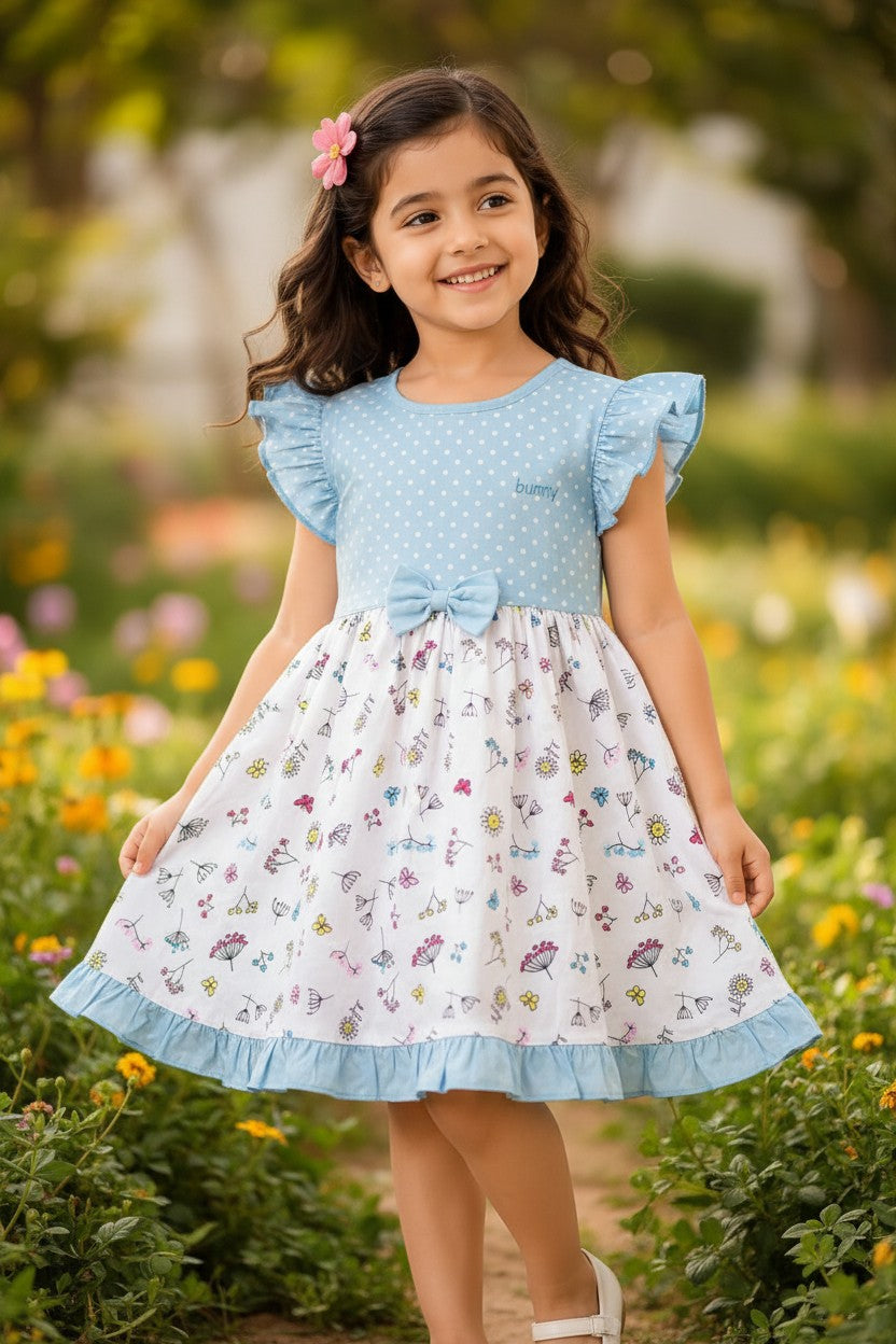 Doreme Infant Girls Garden Print Bow Dress Blue - 20653