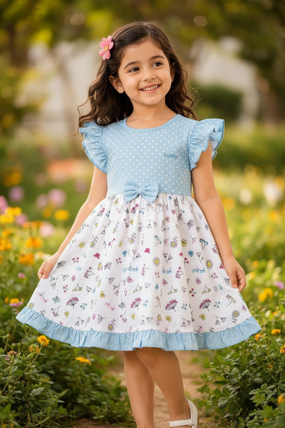 Doreme Infant Girls Garden Print Bow Dress Blue - 20653