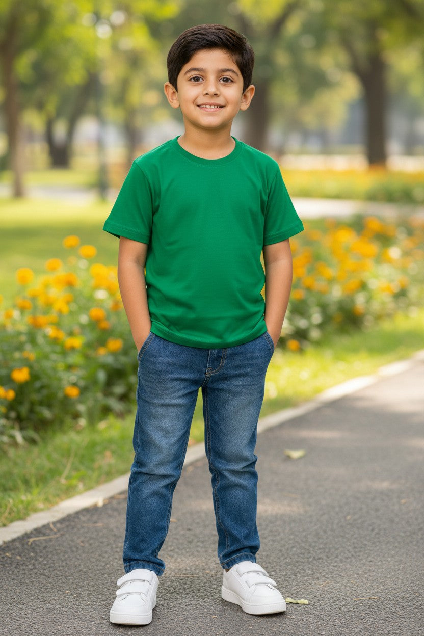 Tigie kids solid cotton half sleeve t-shirt in Green