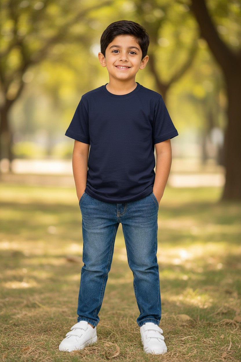 Tigie kids solid cotton half sleeve t-shirt in Navy