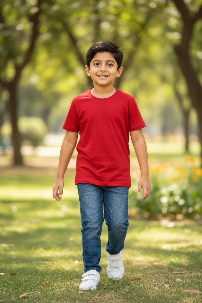 Tigie kids solid cotton half sleeve t-shirt in Red
