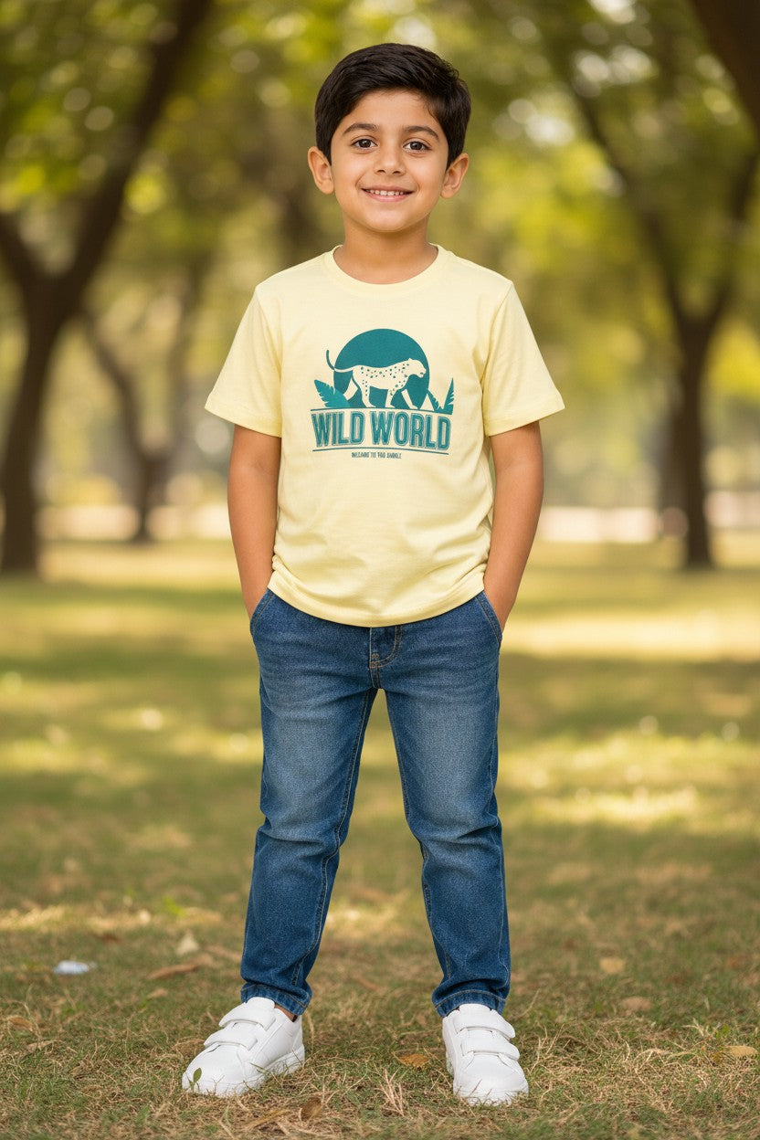 Doreme boys Wild World leopard print T-shirt in butter milk