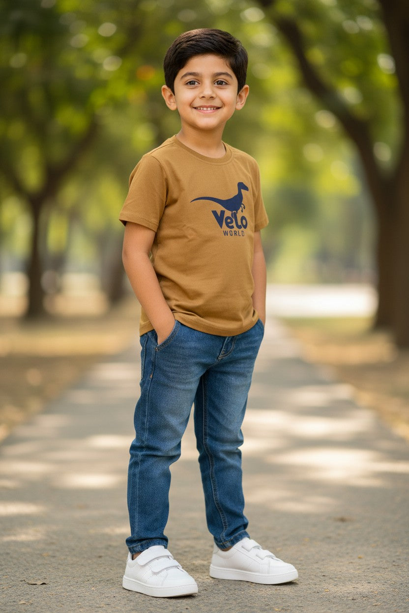 Doreme boys dinosaur print T-shirt in biscotti with Velo World graphic