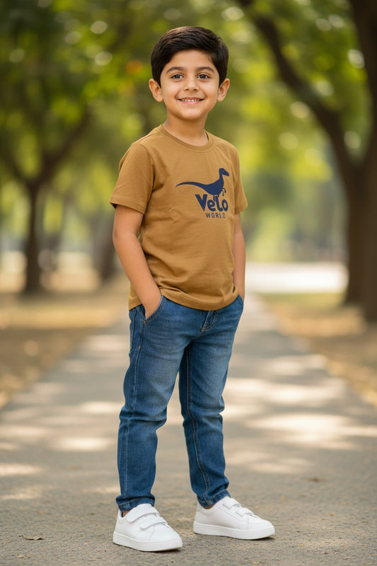 Doreme boys dinosaur print T-shirt in biscotti with Velo World graphic
