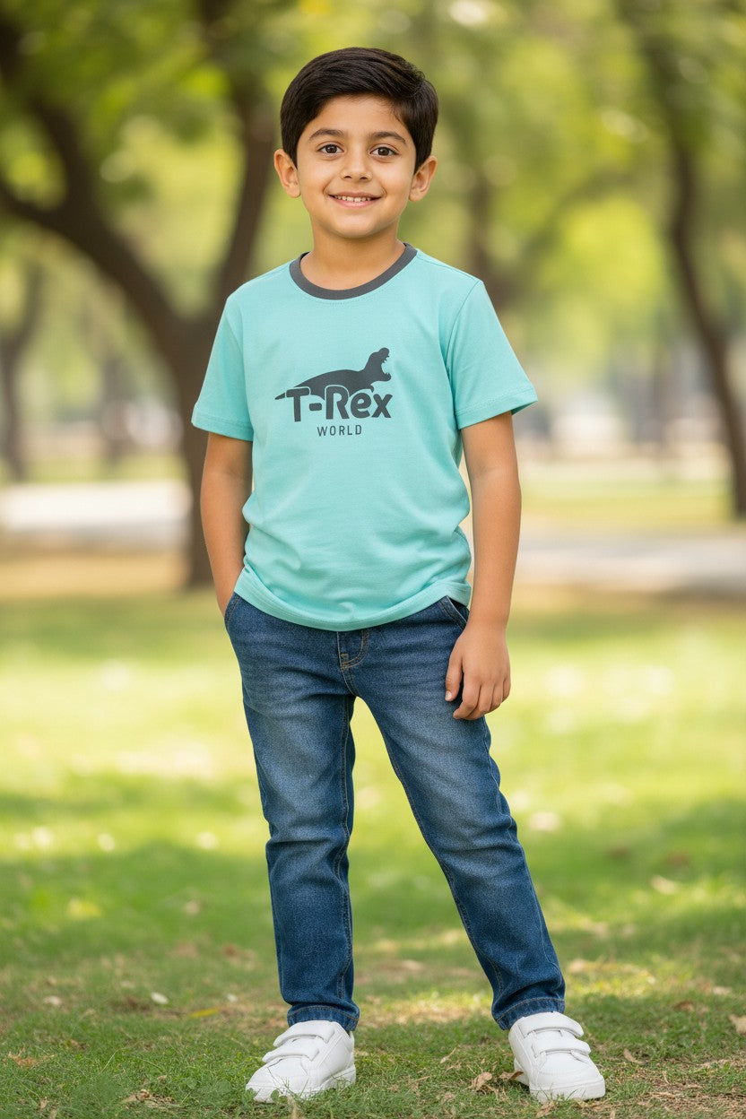 Doreme boys dinosaur print T-shirt in blue with T-Rex World graphic