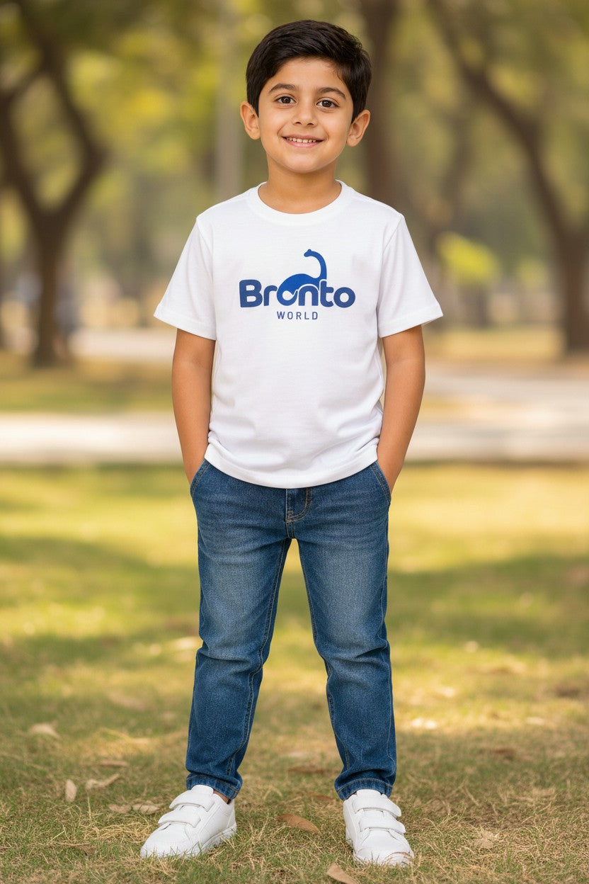 Doreme boys dinosaur print T-shirt in white with Bronto World graphic