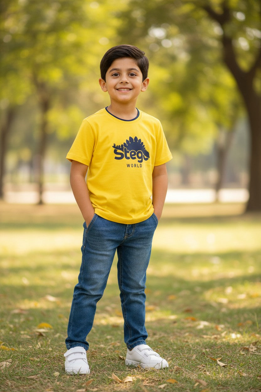 Doreme boys dinosaur print T-shirt in yellow with Stego World graphic