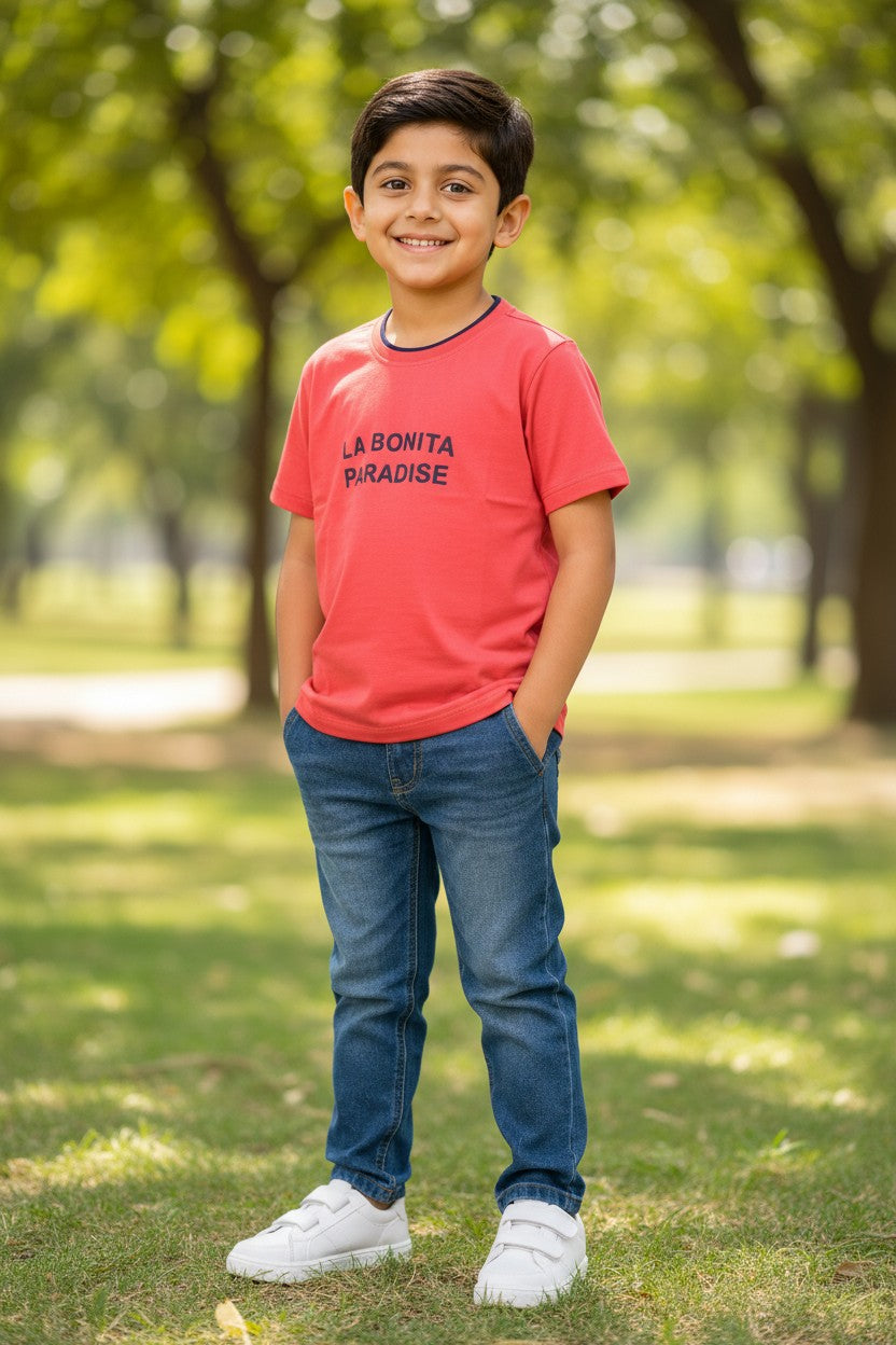 Doreme boys printed half sleeve T-shirt in coral
