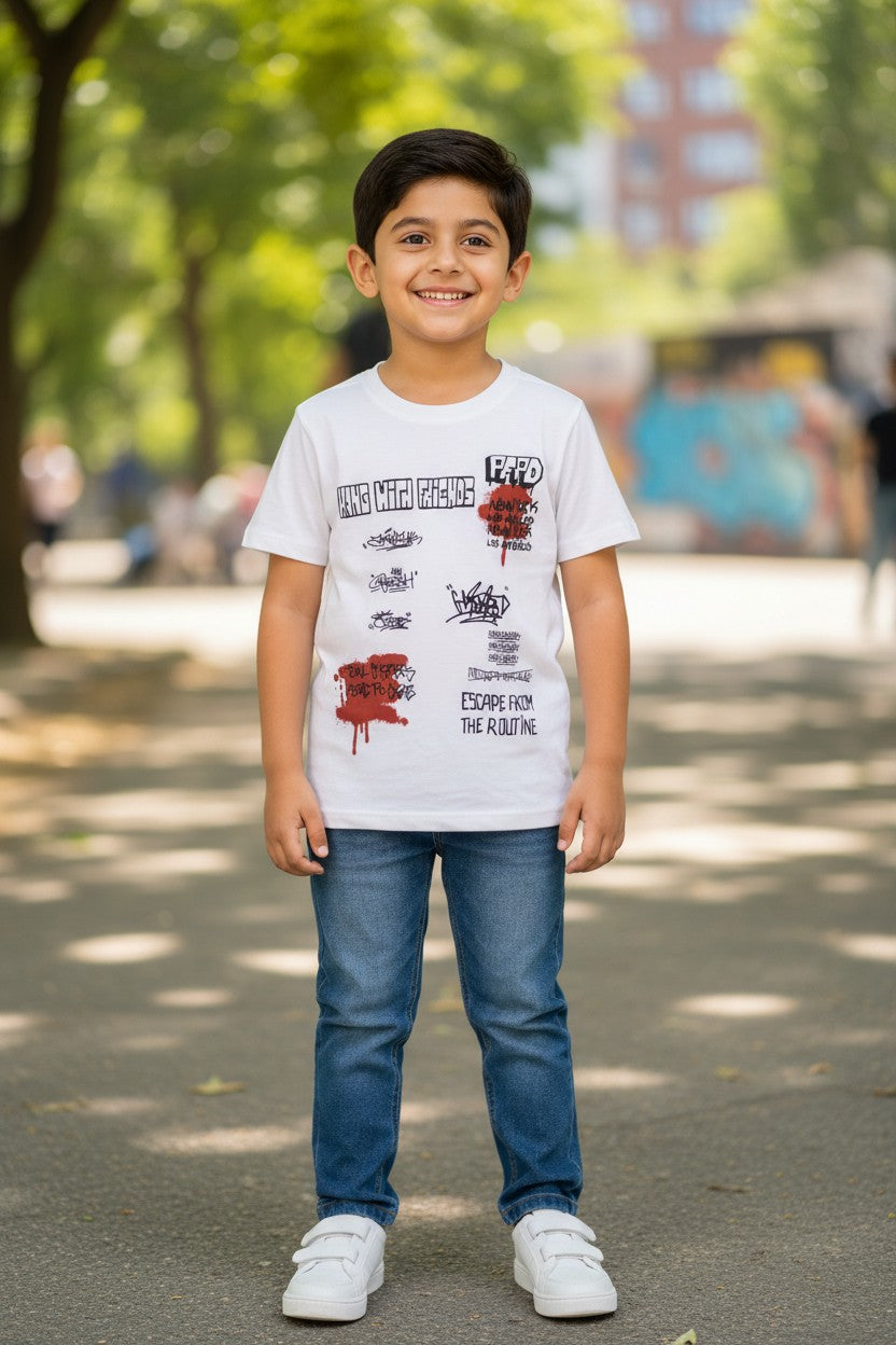 Doreme boys printed half sleeve T-shirt in off white