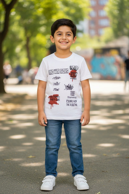 Doreme boys printed half sleeve T-shirt in off white