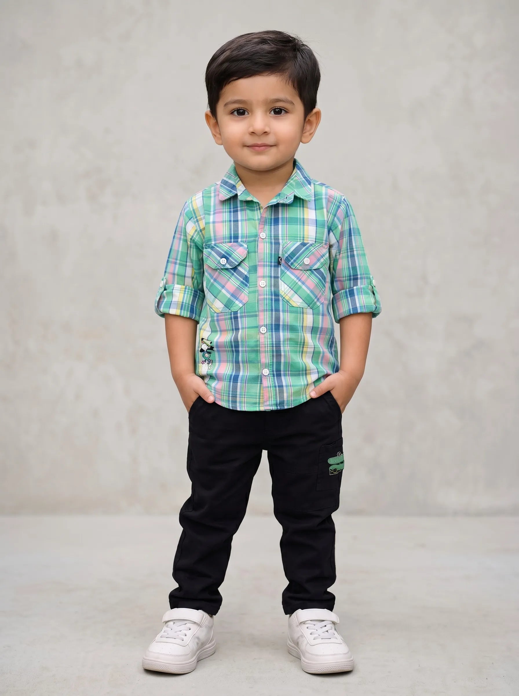 Boy in a green checked shirt and black jeans, Boyz Fun boys clothing set