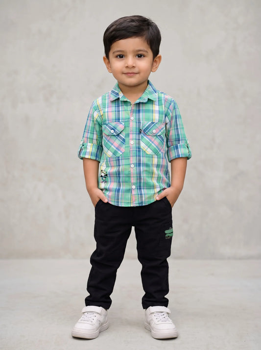Boy in a green checked shirt and black jeans, Boyz Fun boys clothing set