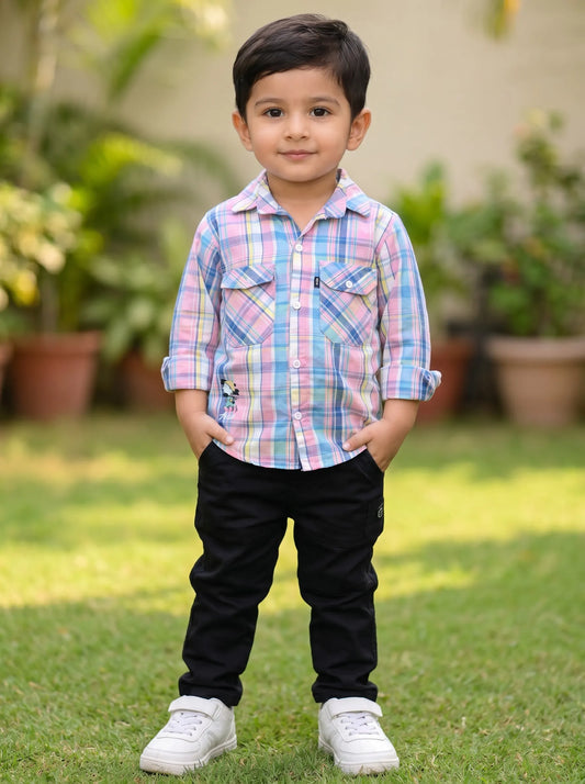 Boy in a pink checked shirt and black jeans, Boyz Fun boys clothing set