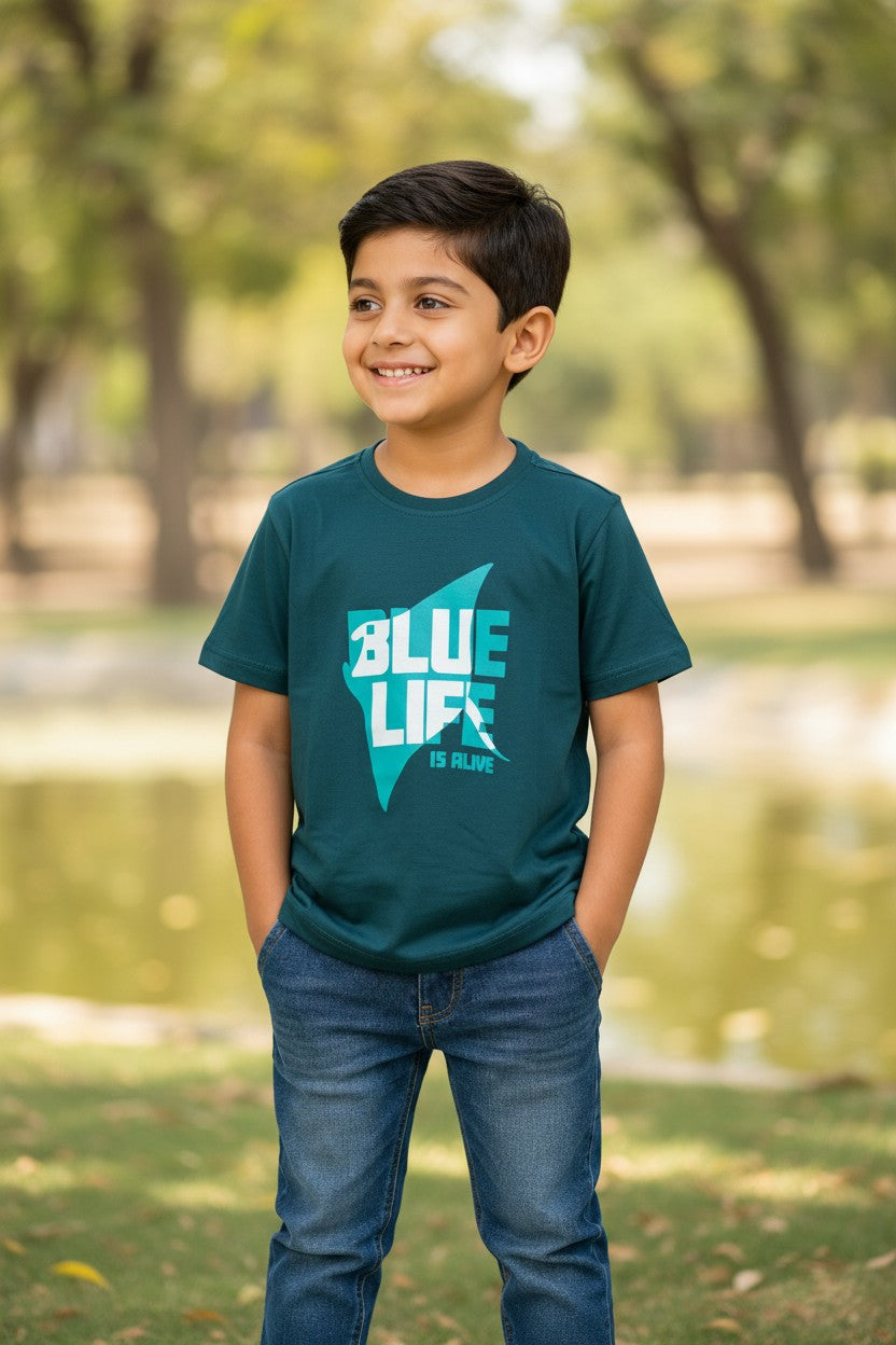 Doreme boys wildlife graphic T-shirt in blue with Blue Life shark print