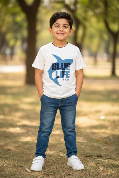 Doreme boys wildlife graphic T-shirt in off white with Blue Life shark print