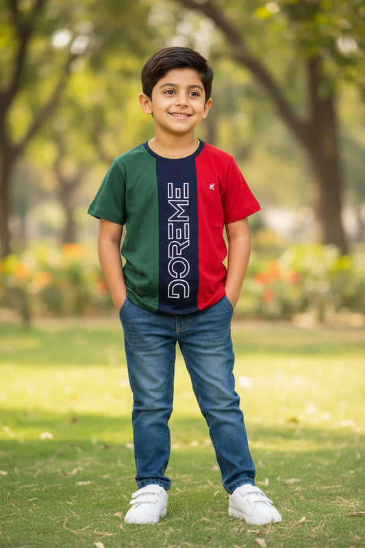 Doreme boys colour block half sleeve T-shirt in red colourway