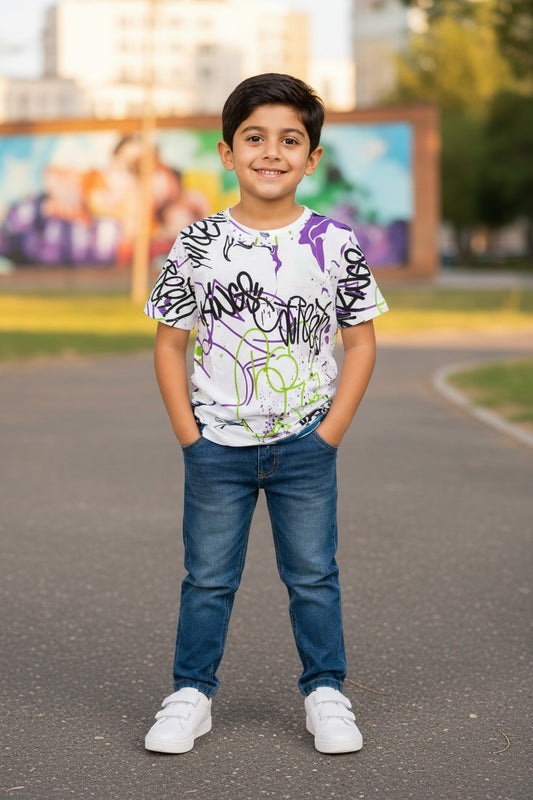 Doreme boys white graffiti all over print T-shirt, Street print