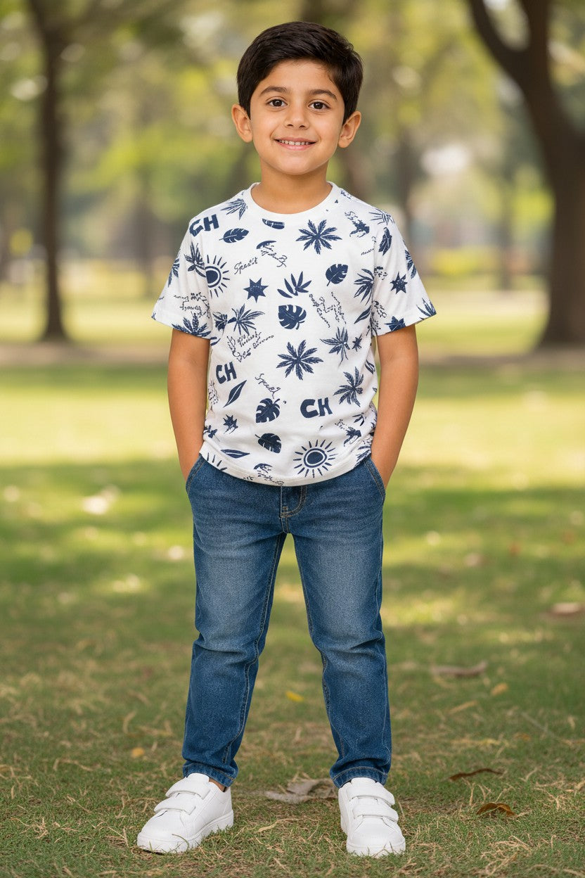 Doreme boys white all over print T-shirt, Sunside palm print