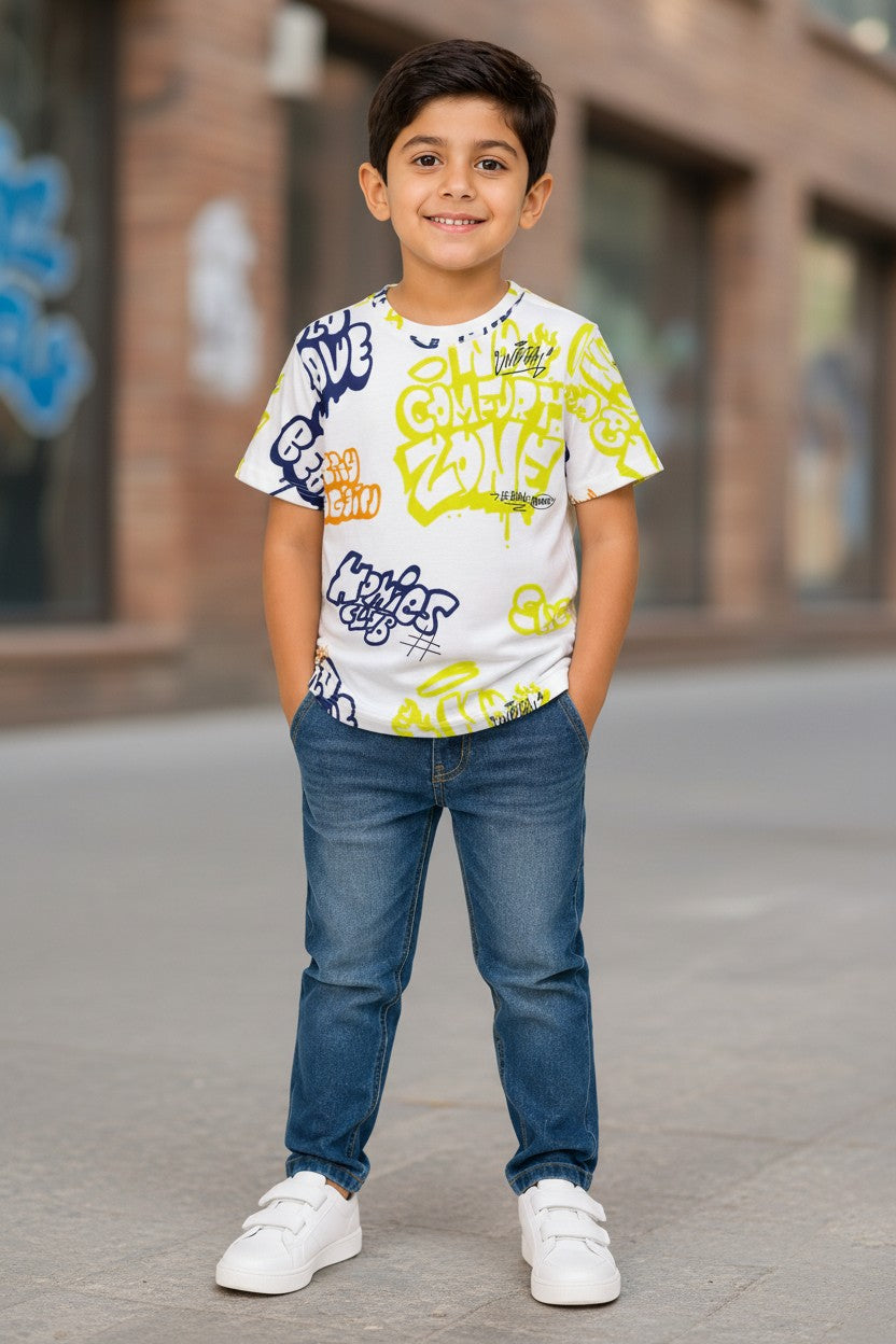 Doreme boys white graffiti all over print T-shirt, Unbeat print