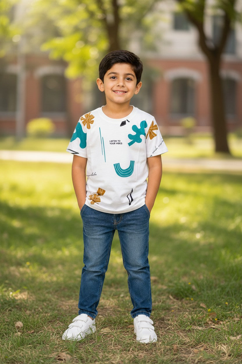 Doreme boys white graffiti all over print T-shirt, Vibes print