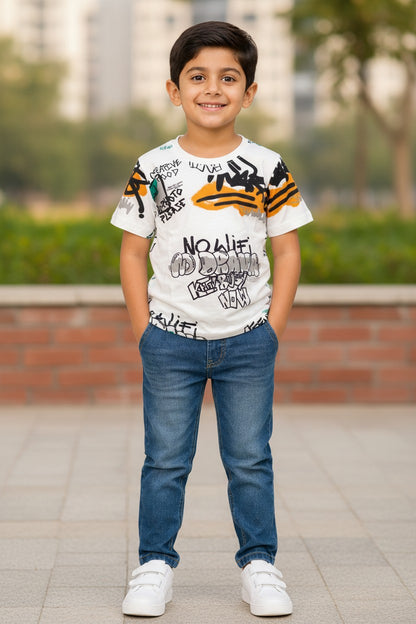 Doreme boys white graffiti all over print T-shirt, Wifi print