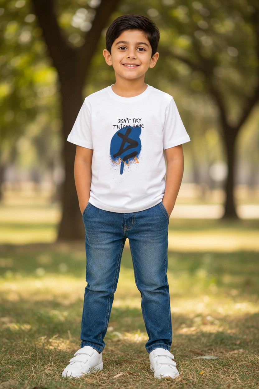 Doreme boys white T-shirt with Don't Try This print