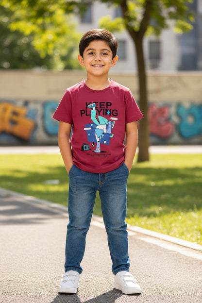 Doreme boys stretch printed T-shirt in brick with Keep Playing graphic