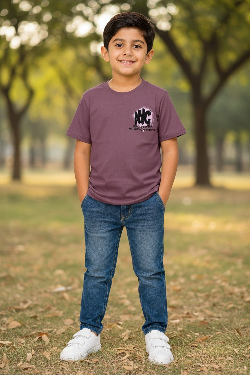 Doreme boys stretch printed T-shirt in plum with NYC badge