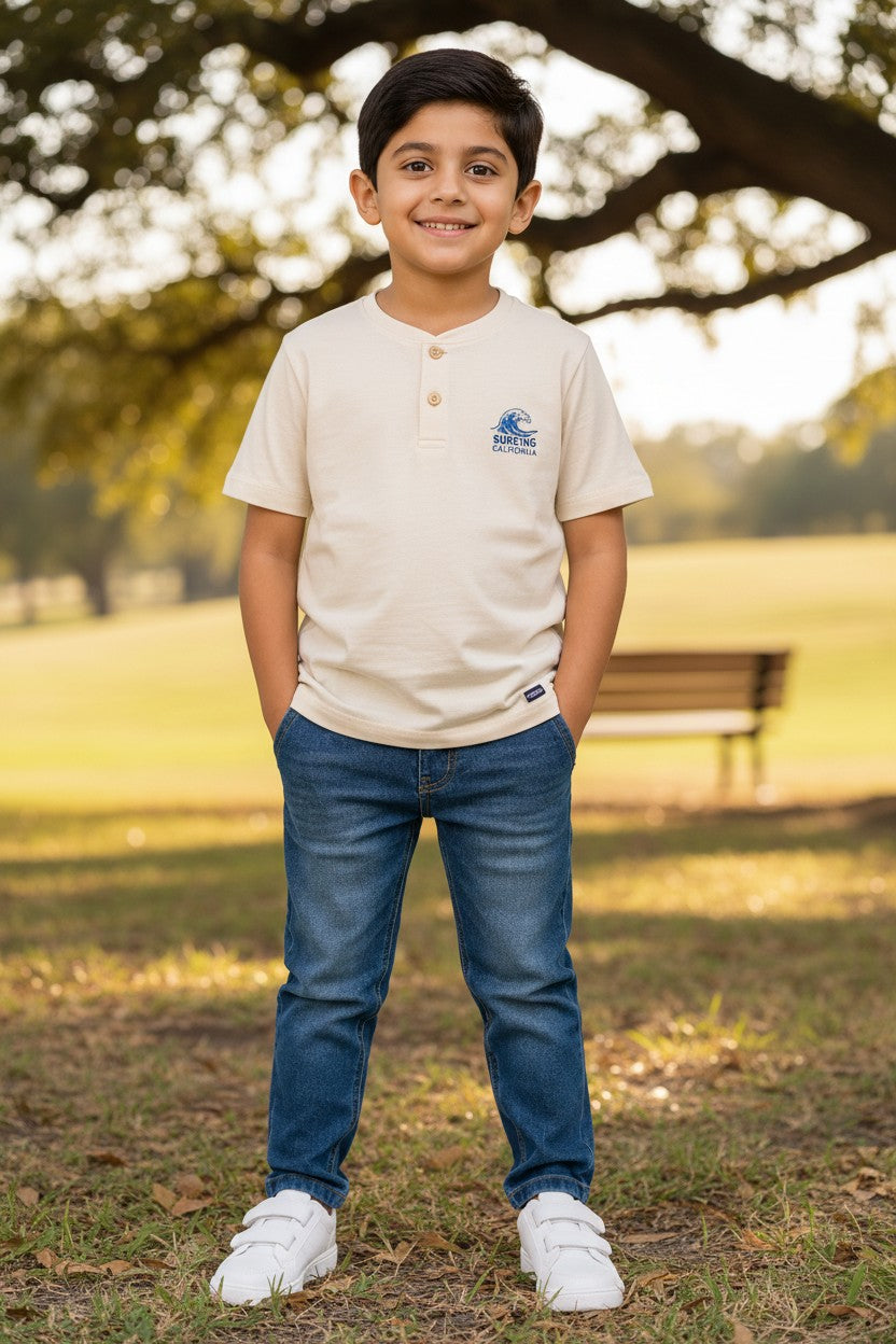 Doreme boys stretch slub henley T-shirt in beige