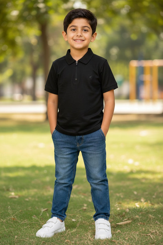 Doreme boys stretch zipper polo T-shirt in black