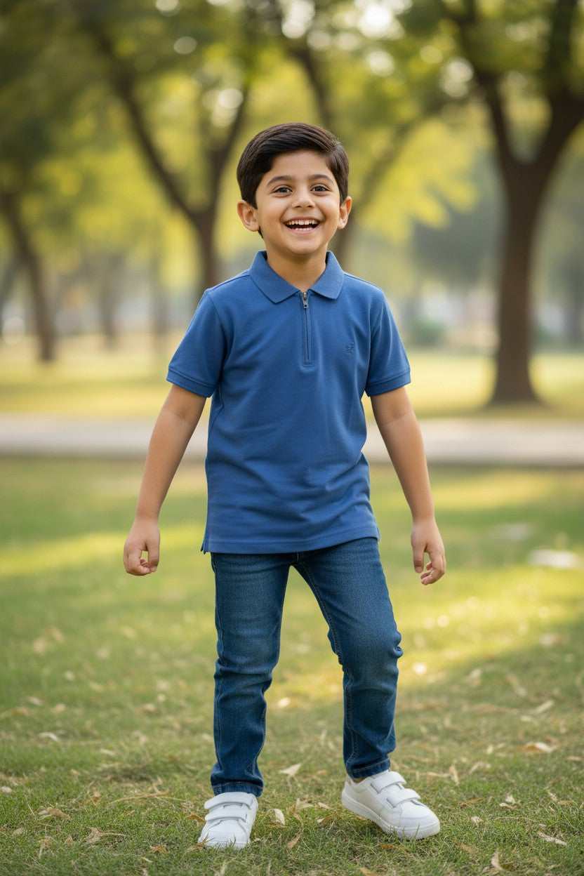 Doreme boys stretch zipper polo T-shirt in blue
