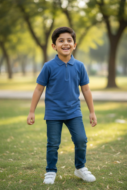 Doreme boys stretch zipper polo T-shirt in blue