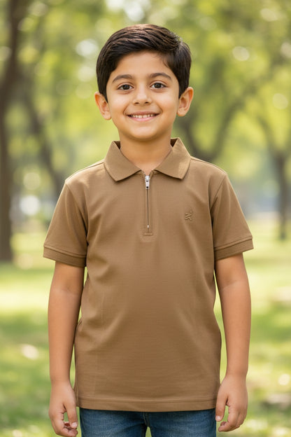 Doreme boys stretch zipper polo T-shirt in brown