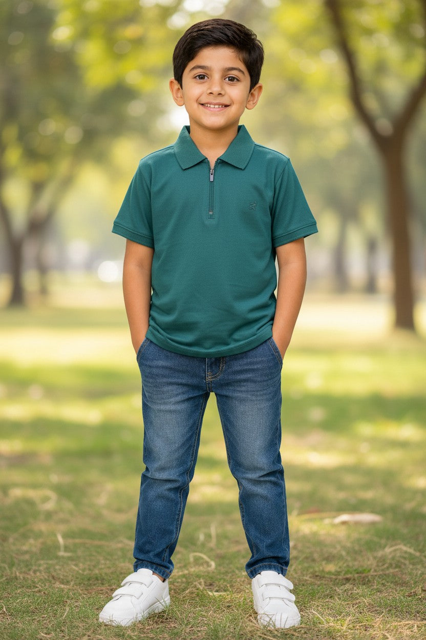 Doreme boys stretch zipper polo T-shirt in green