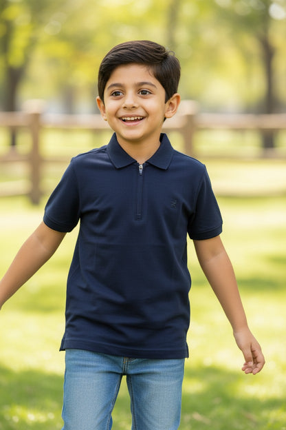 Doreme boys stretch zipper polo T-shirt in navy