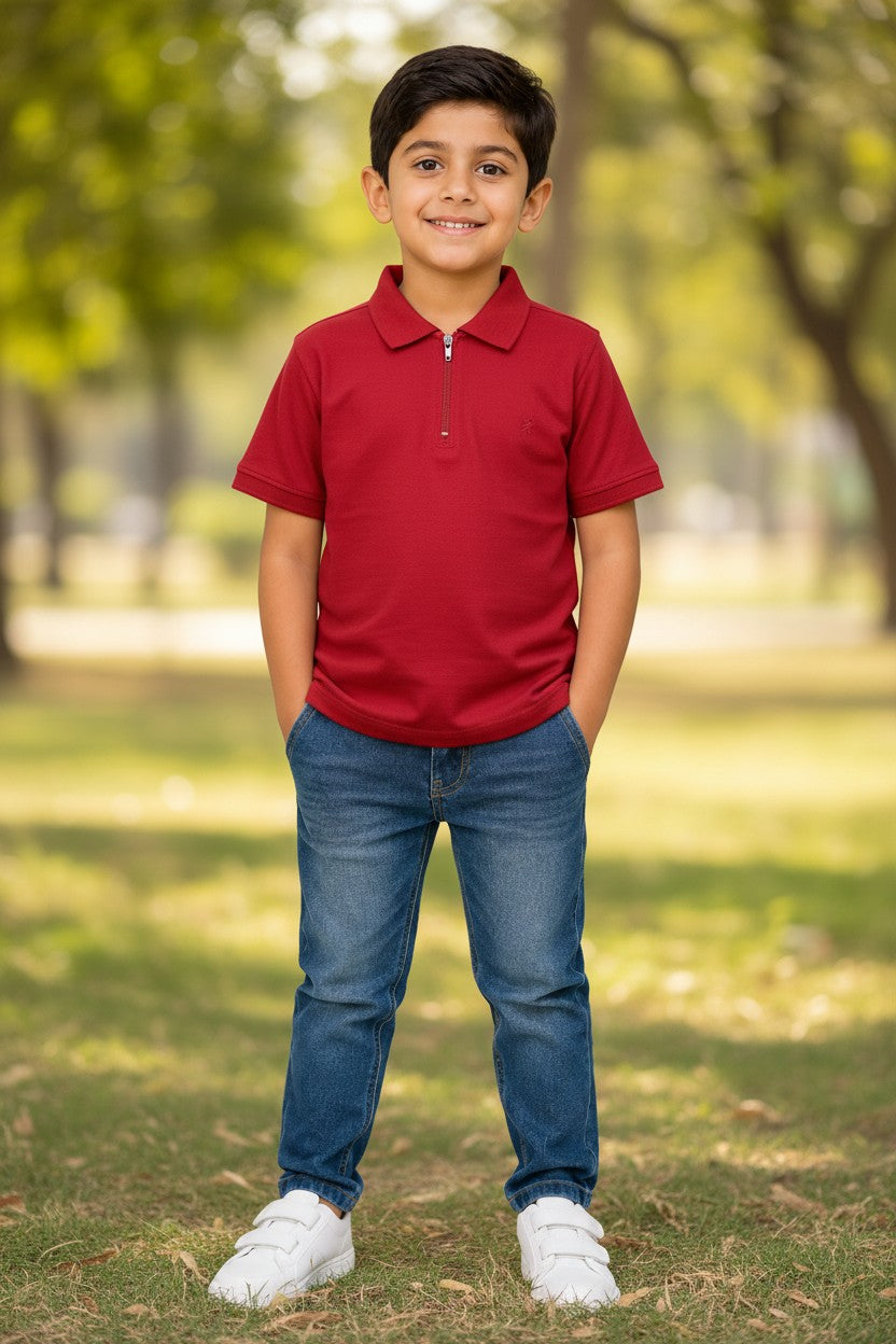 Doreme boys stretch zipper polo T-shirt in red