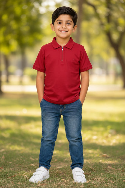 Doreme boys stretch zipper polo T-shirt in red