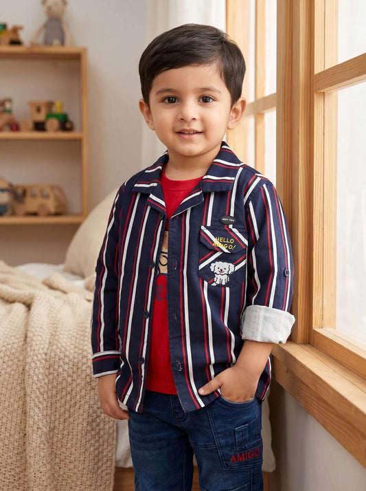 Boy in a navy striped shirt with tee and jeans, Boyz Fun boys three-piece set