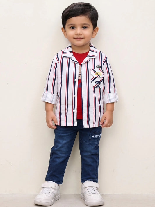 Boy in a white striped shirt with tee and blue jeans, Boyz Fun boys set