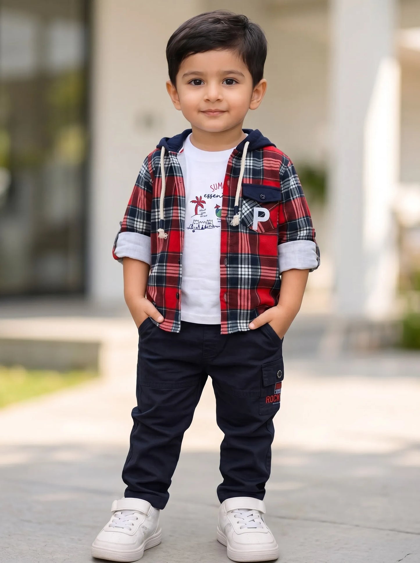 Boy in a red checked hooded shirt and black jeans, Boyz Fun boys set