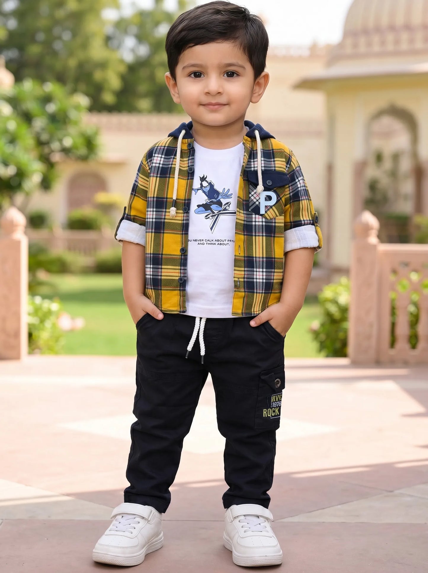 Boy in a yellow checked hooded shirt and black jeans, Boyz Fun boys set