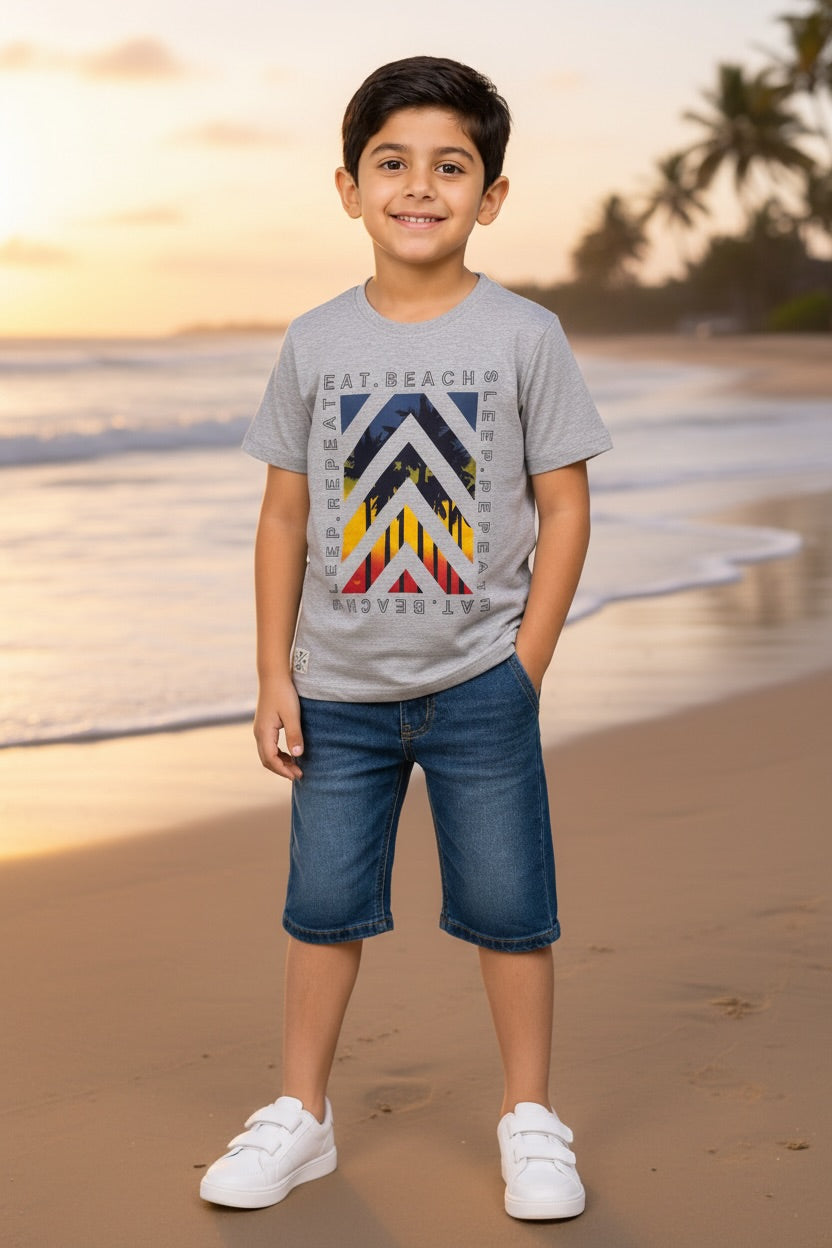 Ollypop Boys Beach Graphic Half Sleeve T-Shirt - Grey
