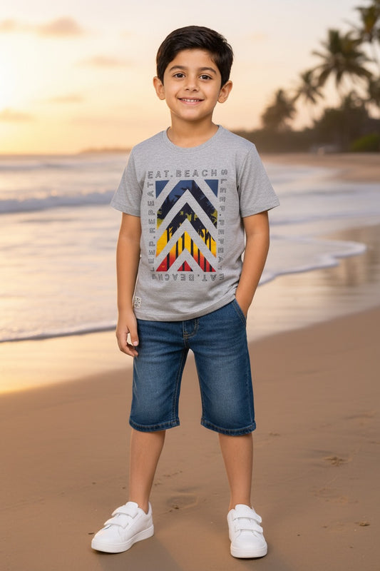 Ollypop Boys Beach Graphic Half Sleeve T-Shirt - Grey