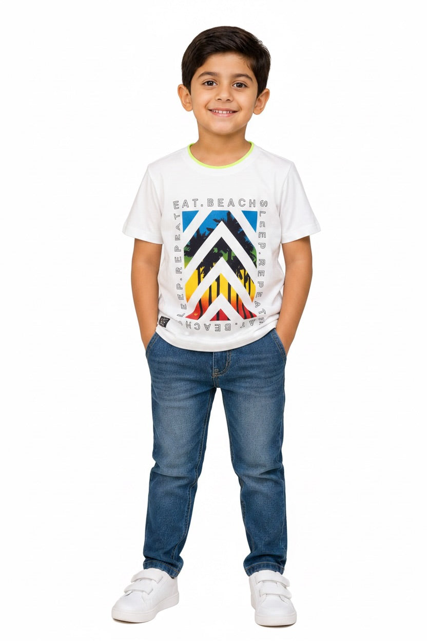Ollypop Boys Beach Graphic Half Sleeve T-Shirt - White